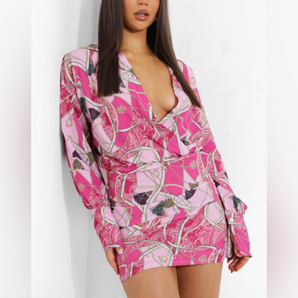 Boohoo Pink Print Plunge Dress - NWT - Us12